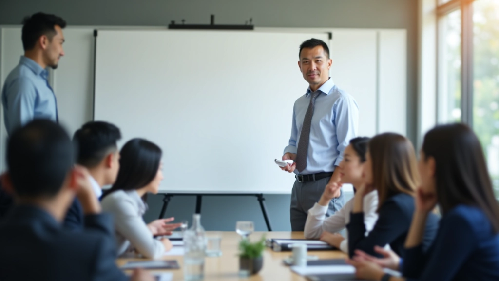 Manager presenting project objectives on whiteboard with cross-functional team leaders taking notes, conference room setting
