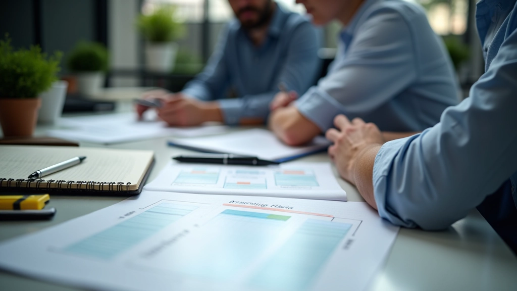 Manager working at desk with priority matrix chart and strategic planning documents visible